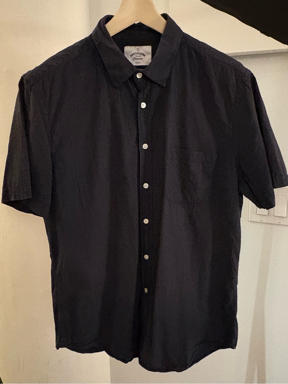 Portuguese Flannel Short Sleeve Sear Sucker Shirt Washed Navy Blue XL